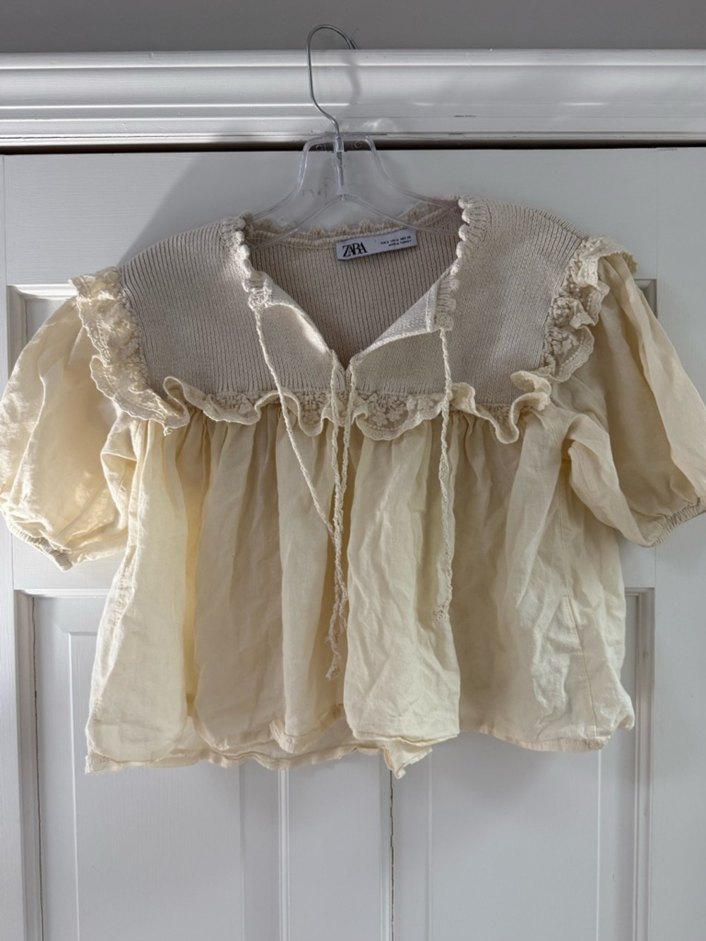 Zara Cream Ribbed Knit Top with Crochet Trim